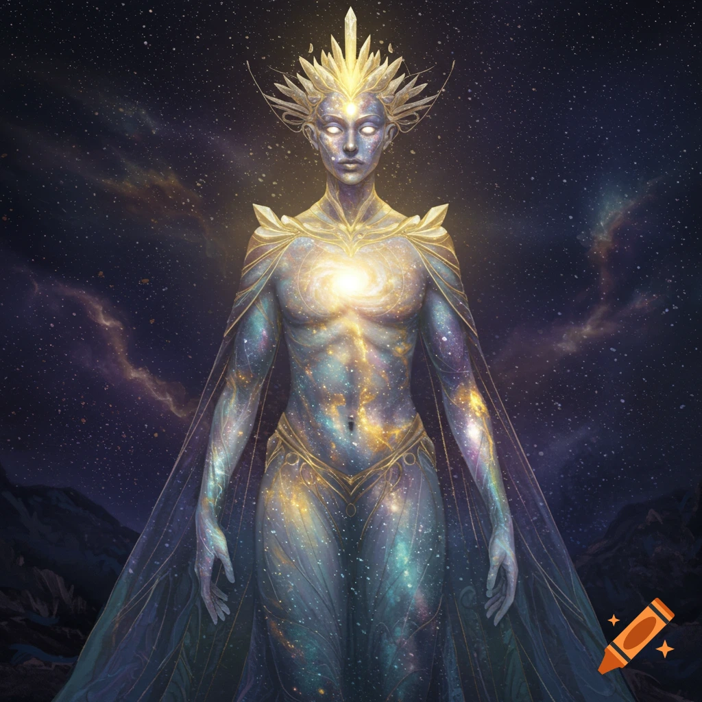 A cosmic being made of stars and galaxies stands against a starry sky.