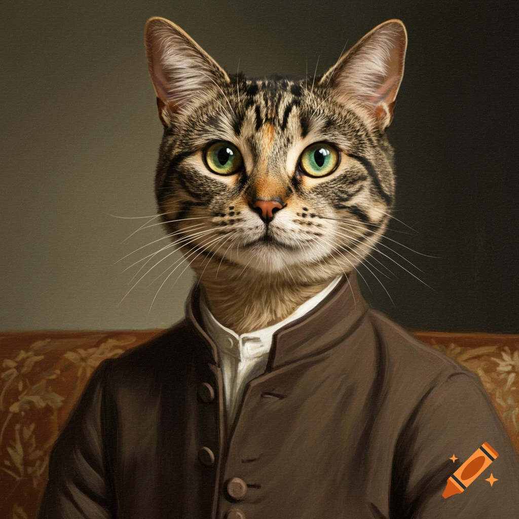 Portrait of a cat wearing a brown coat and white shirt
