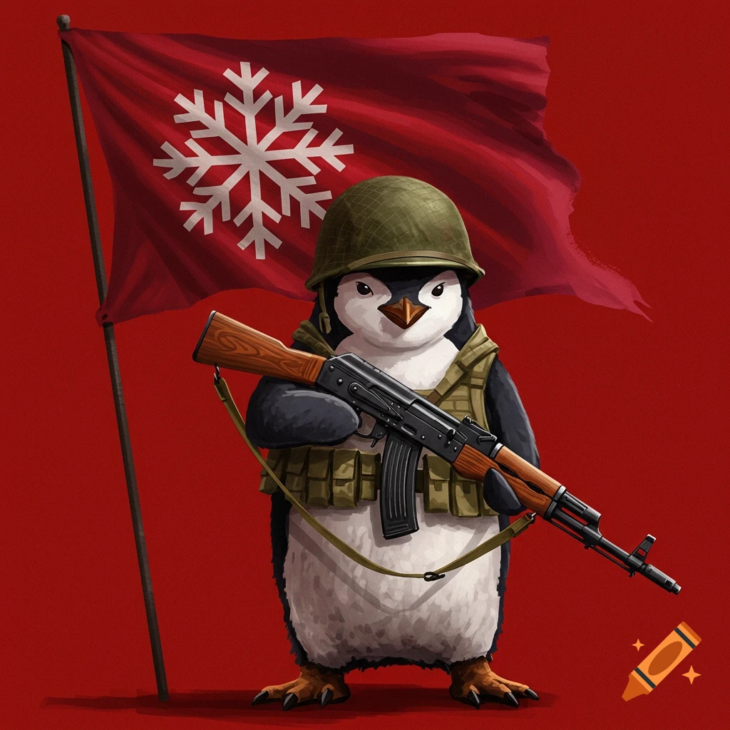 A cartoon penguin in military gear holds an AK-47 in front of a red flag with a snowflake.