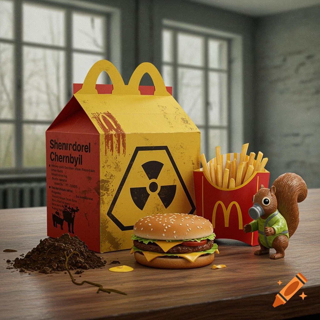 A Chernobyl Happy Meal with burger, fries, biohazard box, and a squirrel toy in a gas mask.
