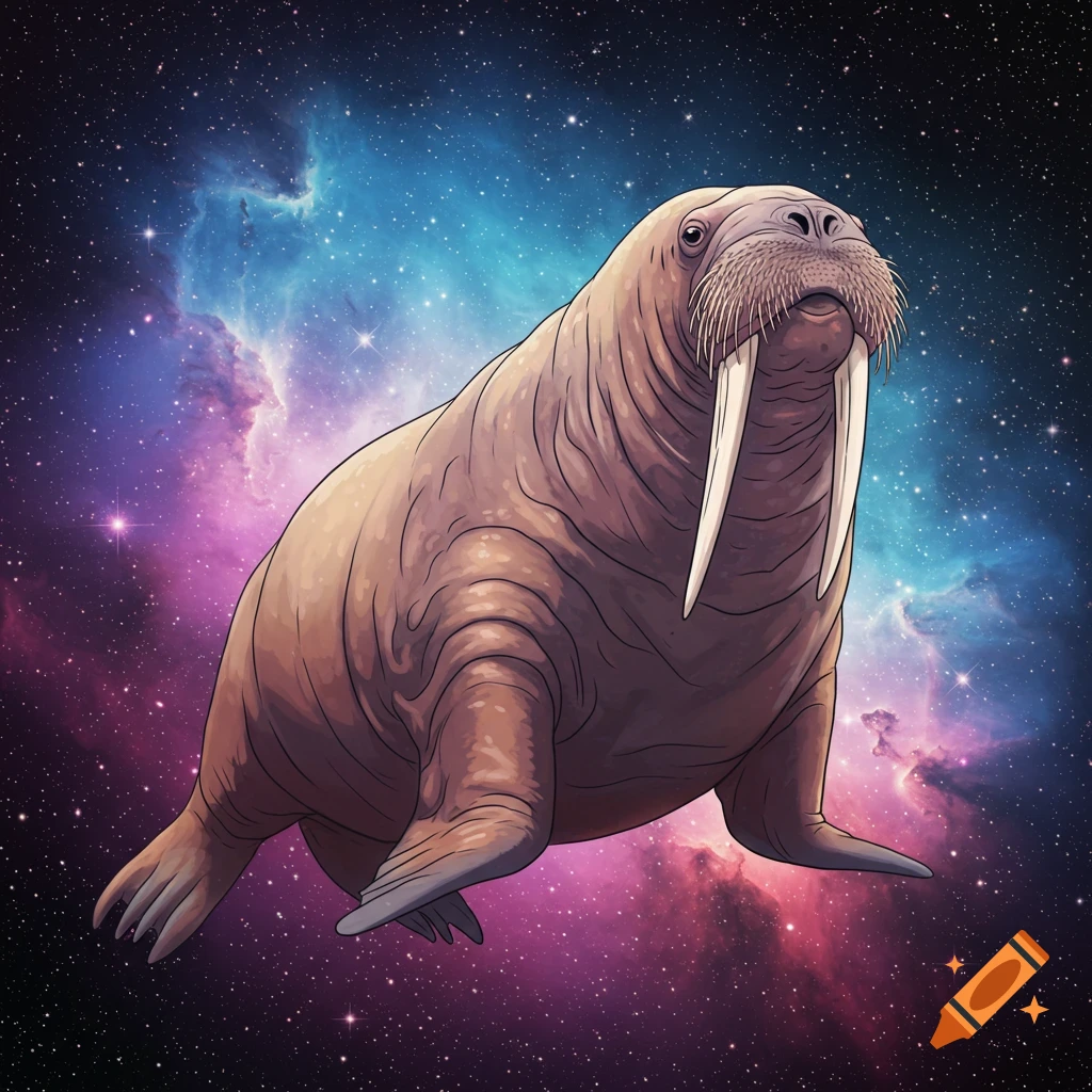 A walrus floating in space with a nebula background.