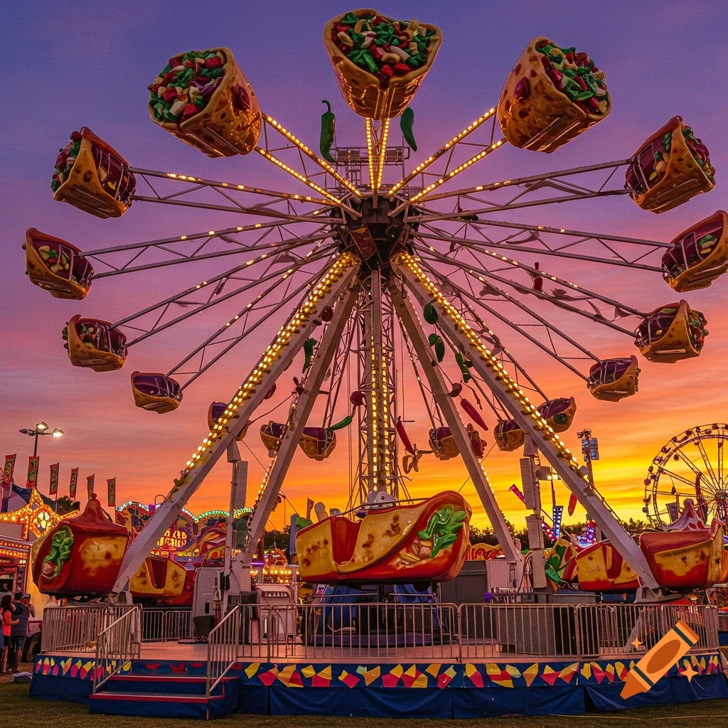 A fair ride with burrito-like cabins is silhouetted against a sunset sky.