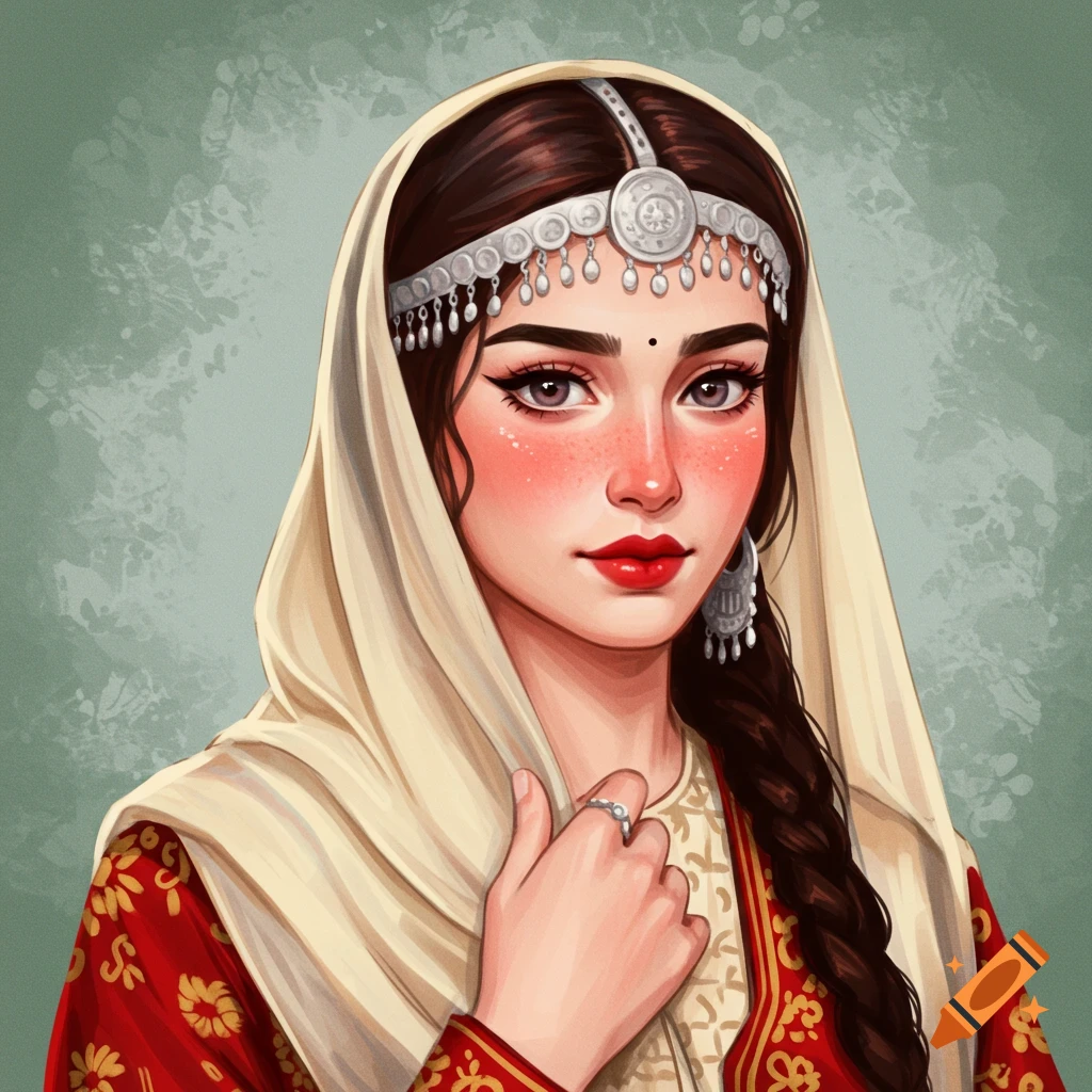A woman in traditional red and cream dress and head covering.