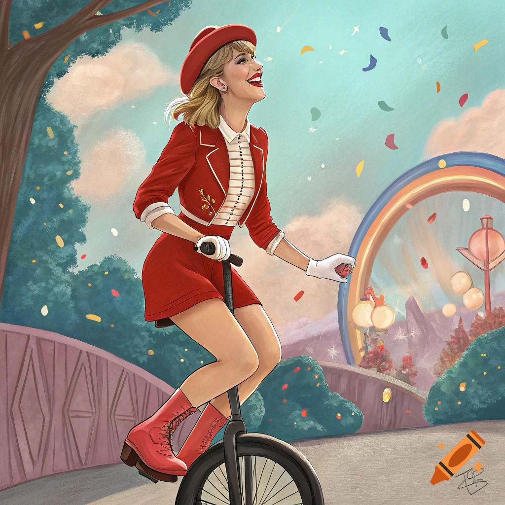 Illustration of Taylor Swift in red riding a unicycle in a park with confetti.