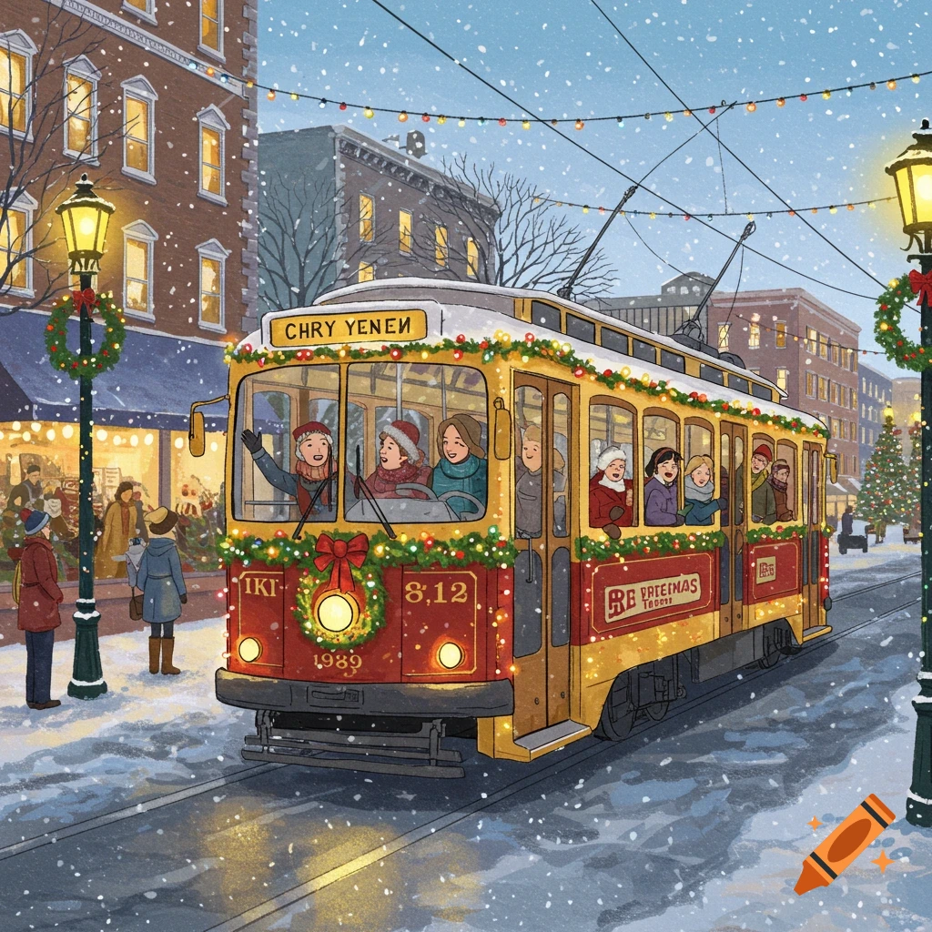 A decorated Christmas trolley car in a snowy city scene.