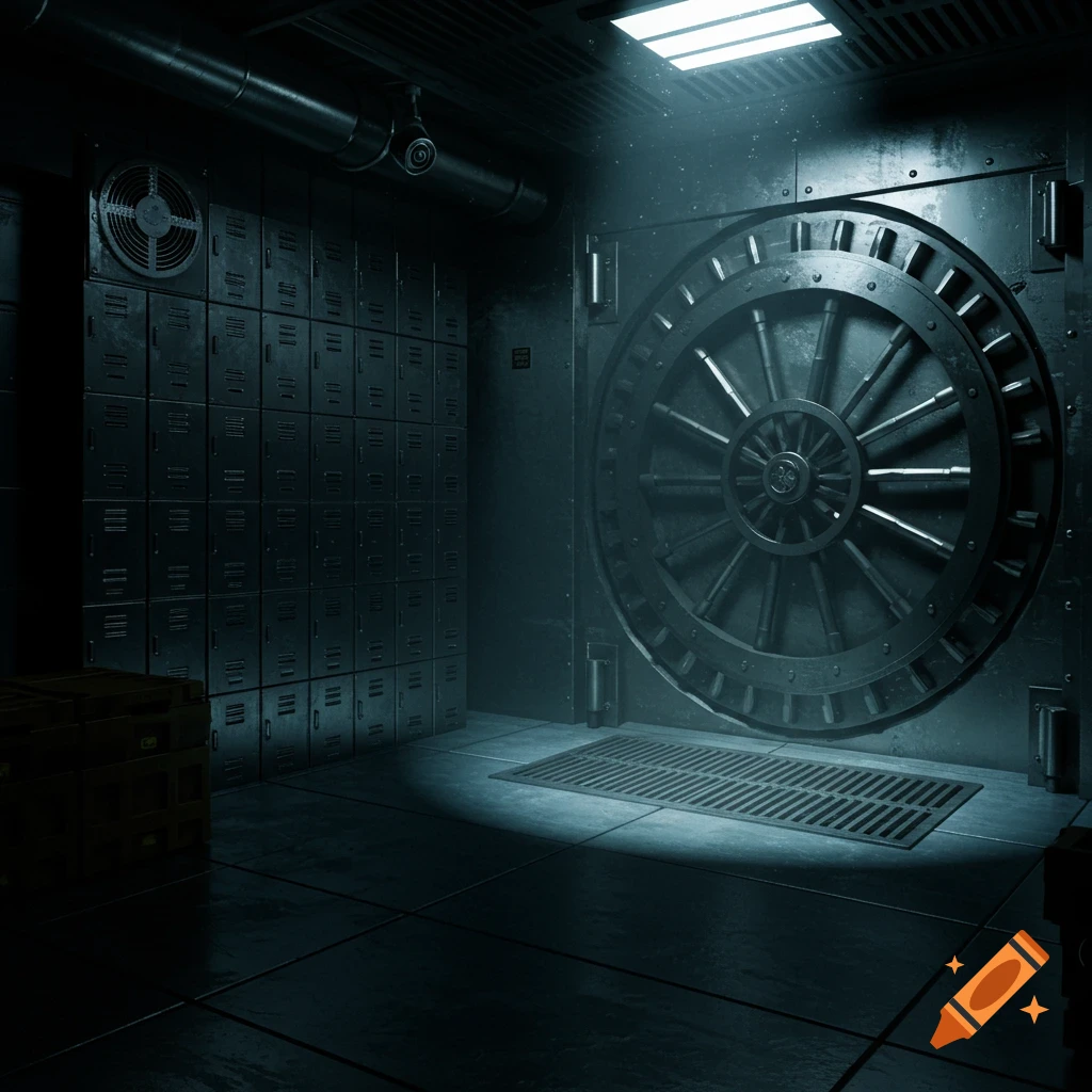 A dimly lit room with a large round bank vault door and wall of lockers.