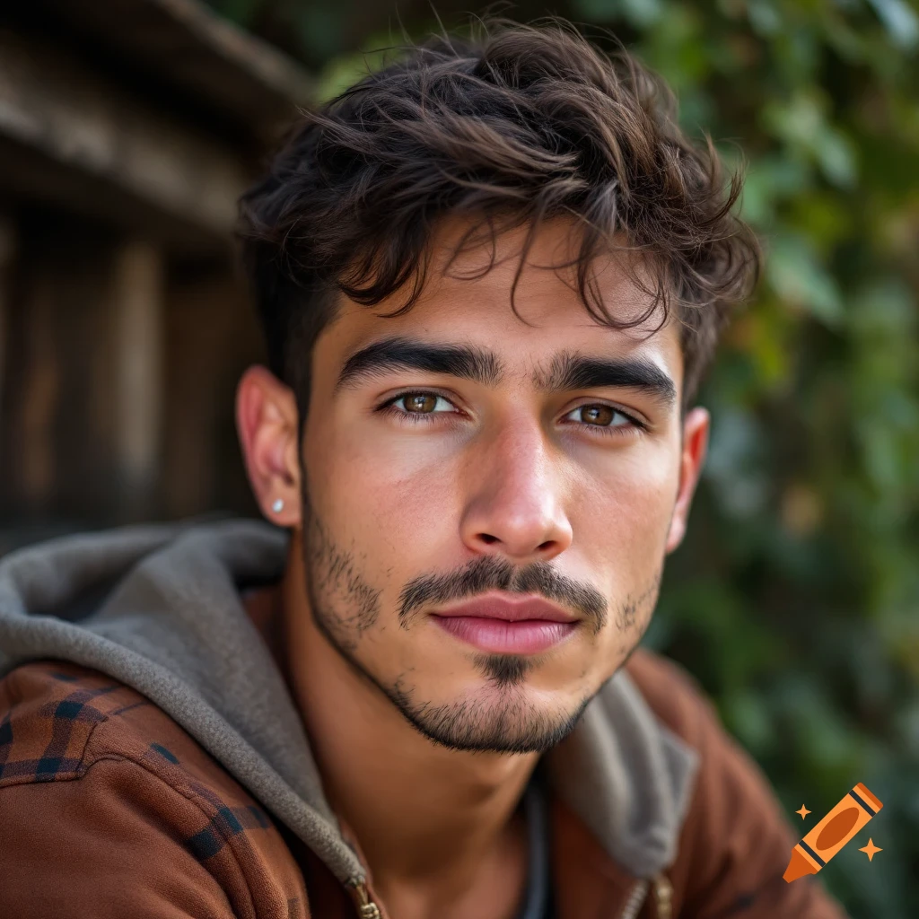 Close-up photorealistic portrait of a young man with brown hair and beard wearing a hooded jacket.