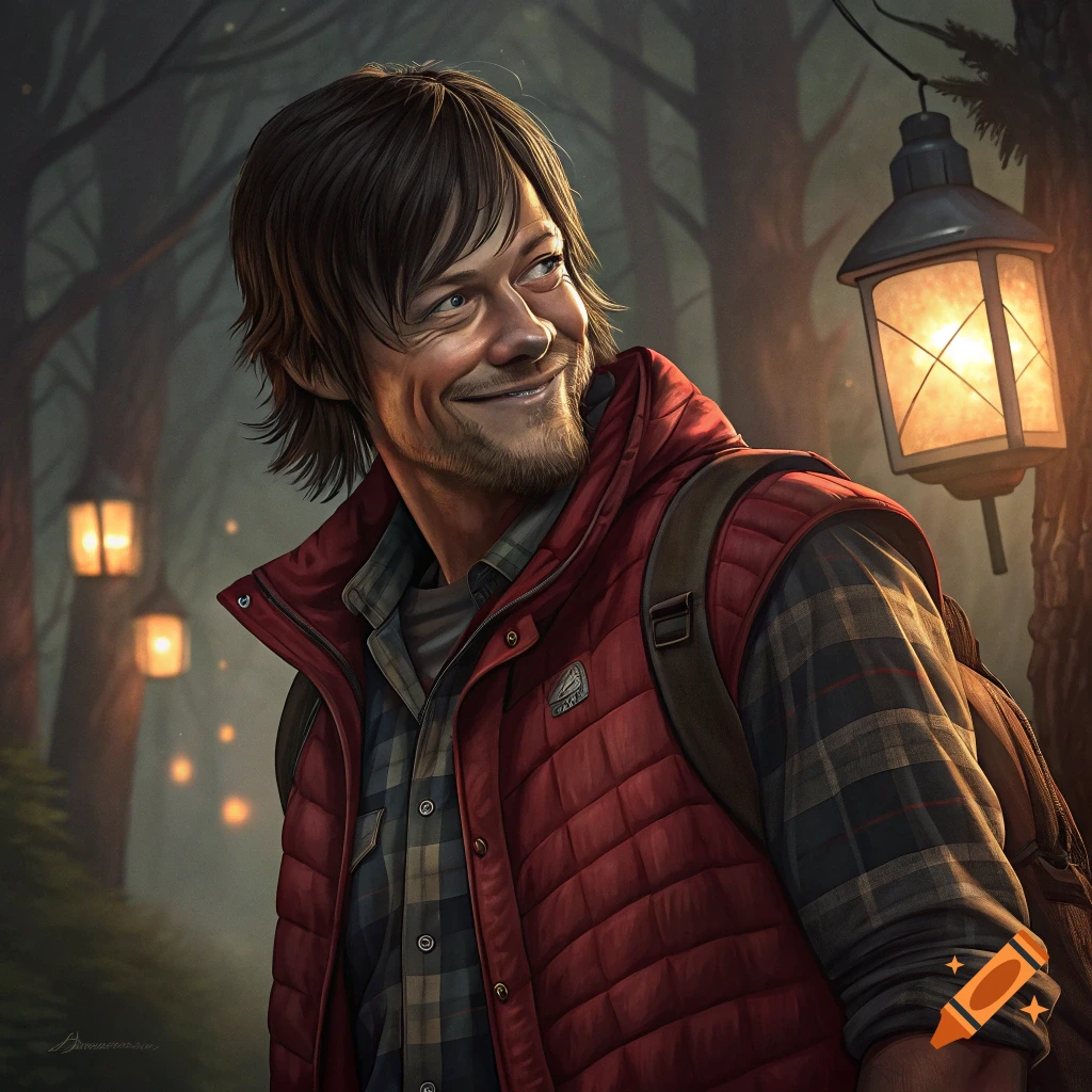 Portrait of a man with a beard and red vest smiling in a forest with lanterns at night.