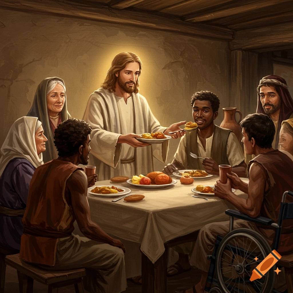 Jesus sharing a meal with people around a table, including a person in a wheelchair.
