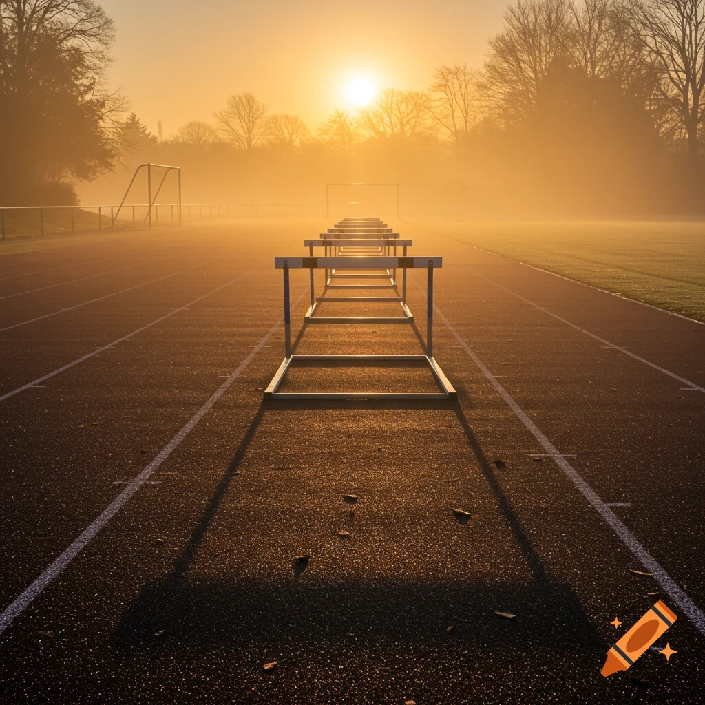 Hurdles on a misty track at sunrise with long shadows
