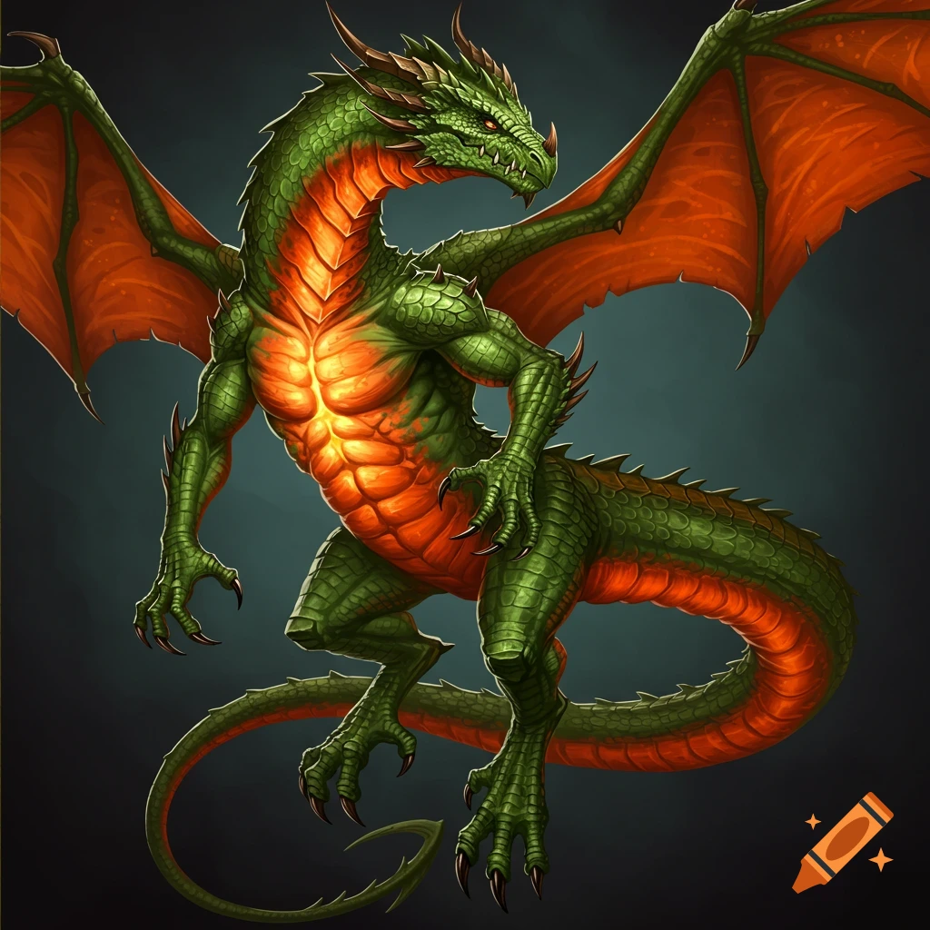 A green and orange dragon.