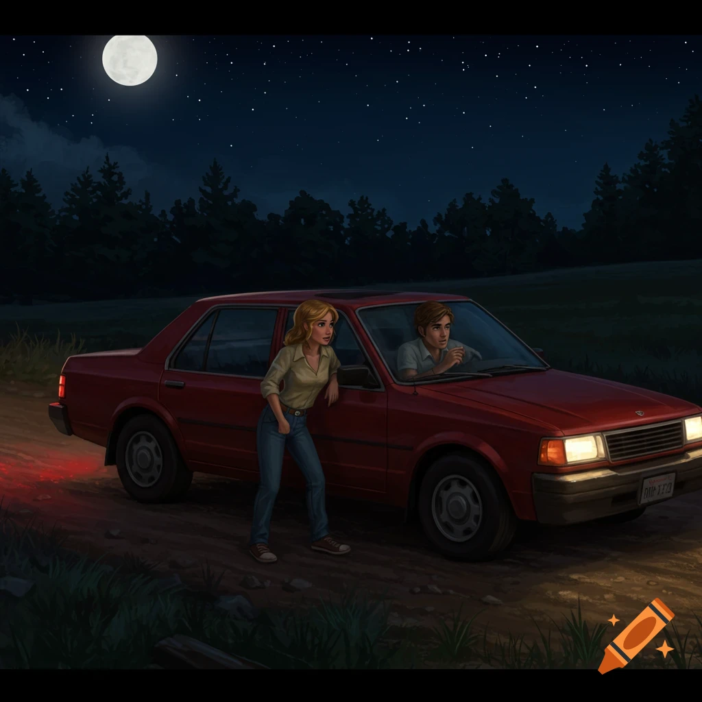 A couple stands next to a red sedan on a dirt road at night under a full moon, digital art.