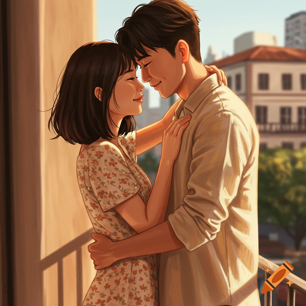 A young couple embracing on a balcony at sunset.