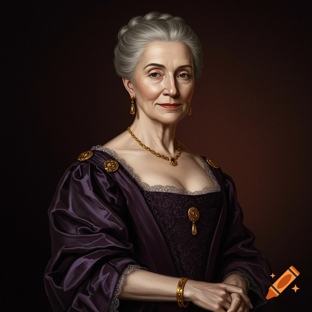 Portrait of an older woman in purple historical dress and gold jewelry