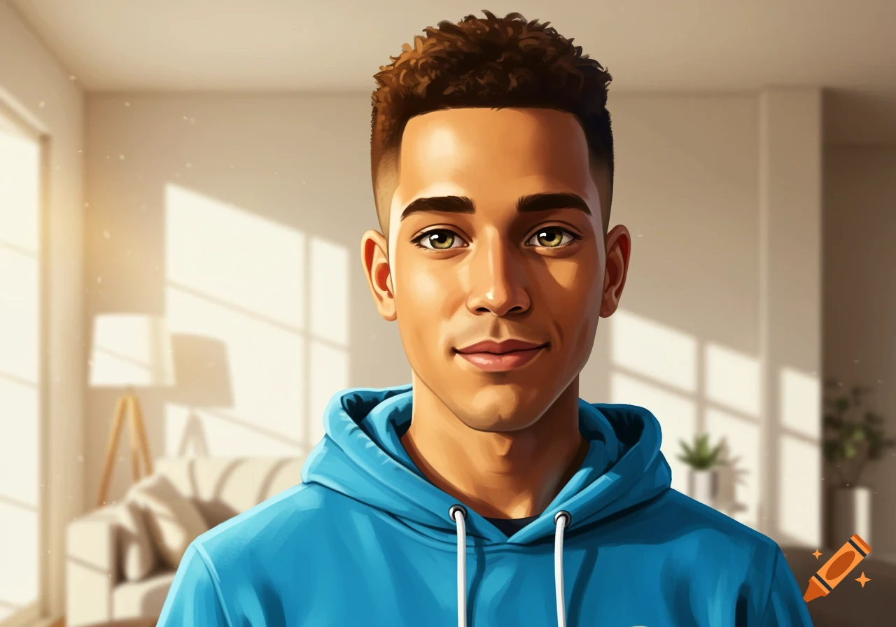 A young man in a blue hoodie stands in a living room.