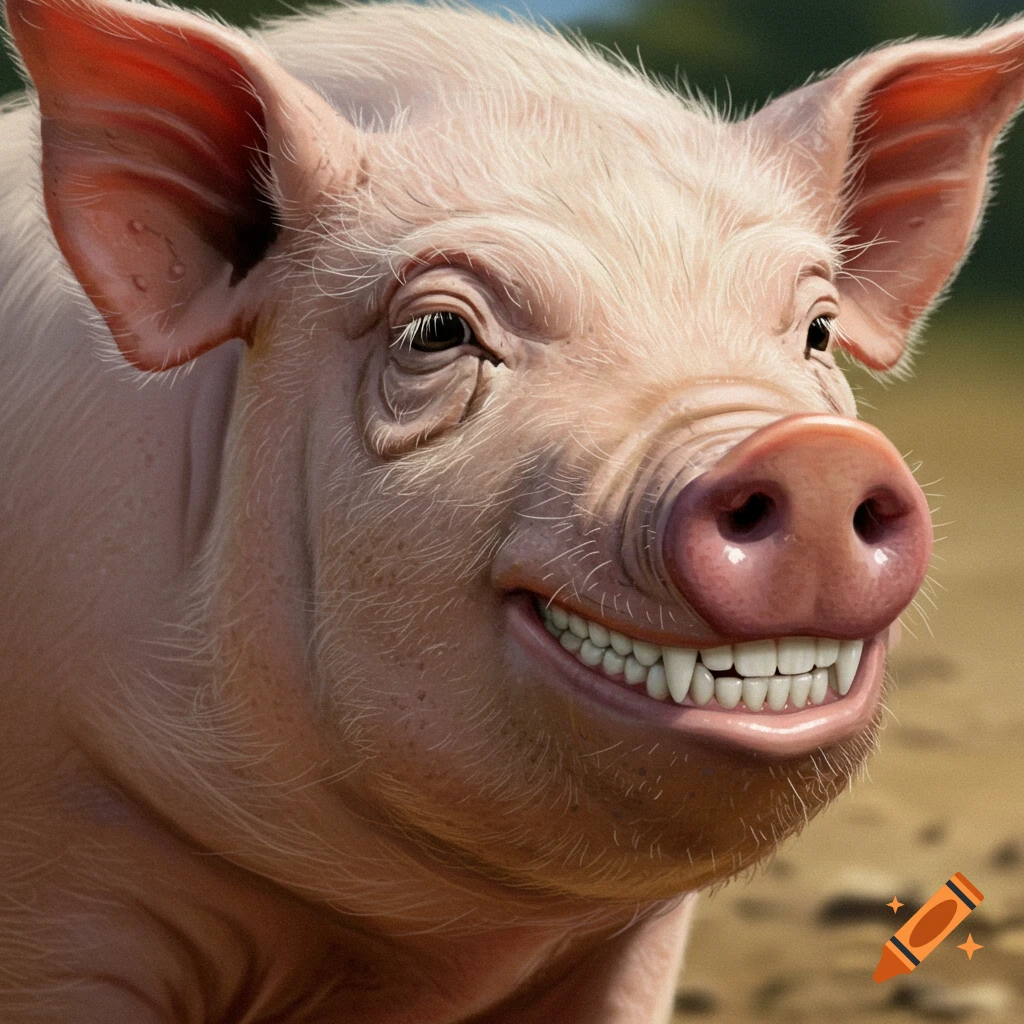 Close-up of a pig with hyperrealistic human teeth smiling
