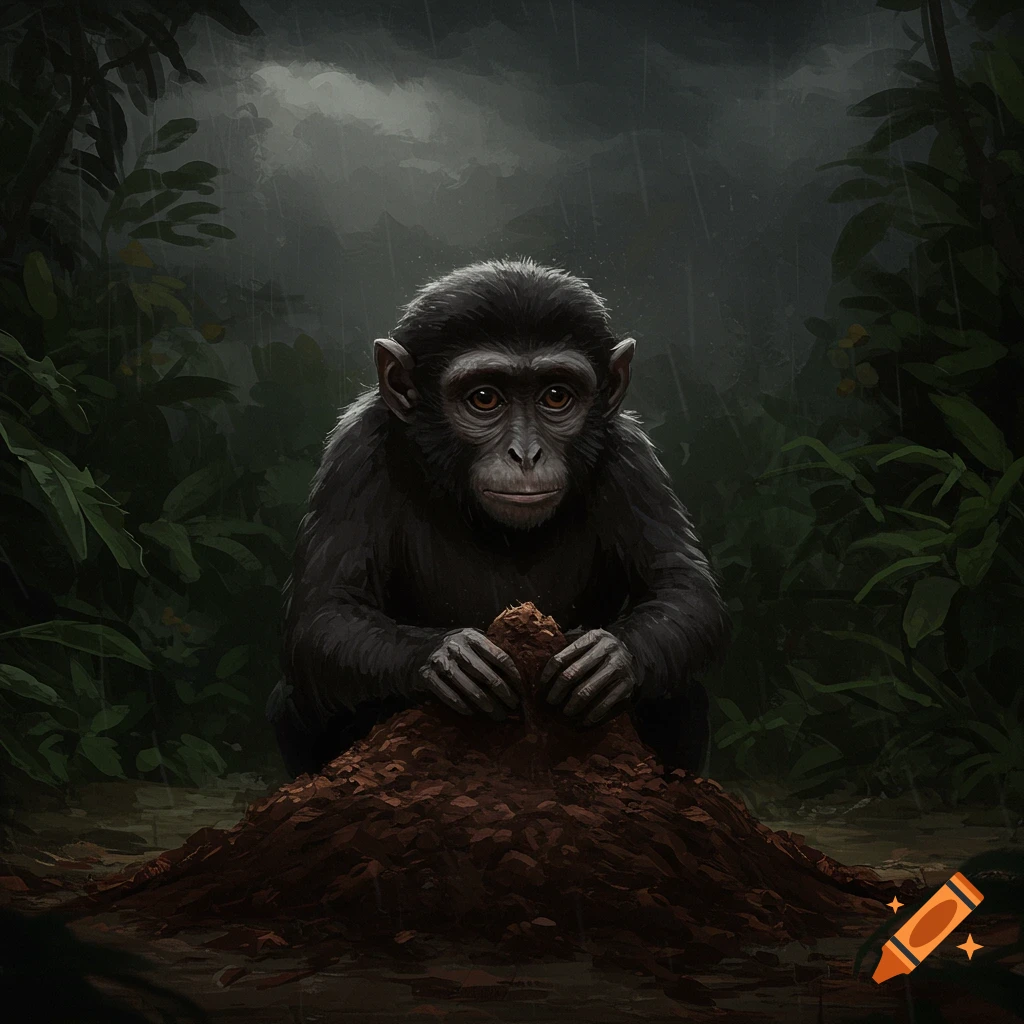A monkey is arranging dirt in a rainy jungle.