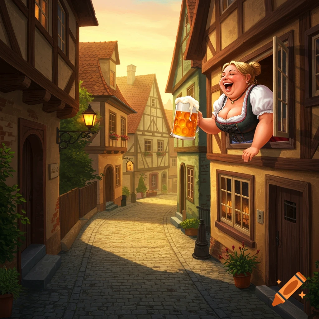 A cobblestone street with a woman leaning from a window holding a beer.