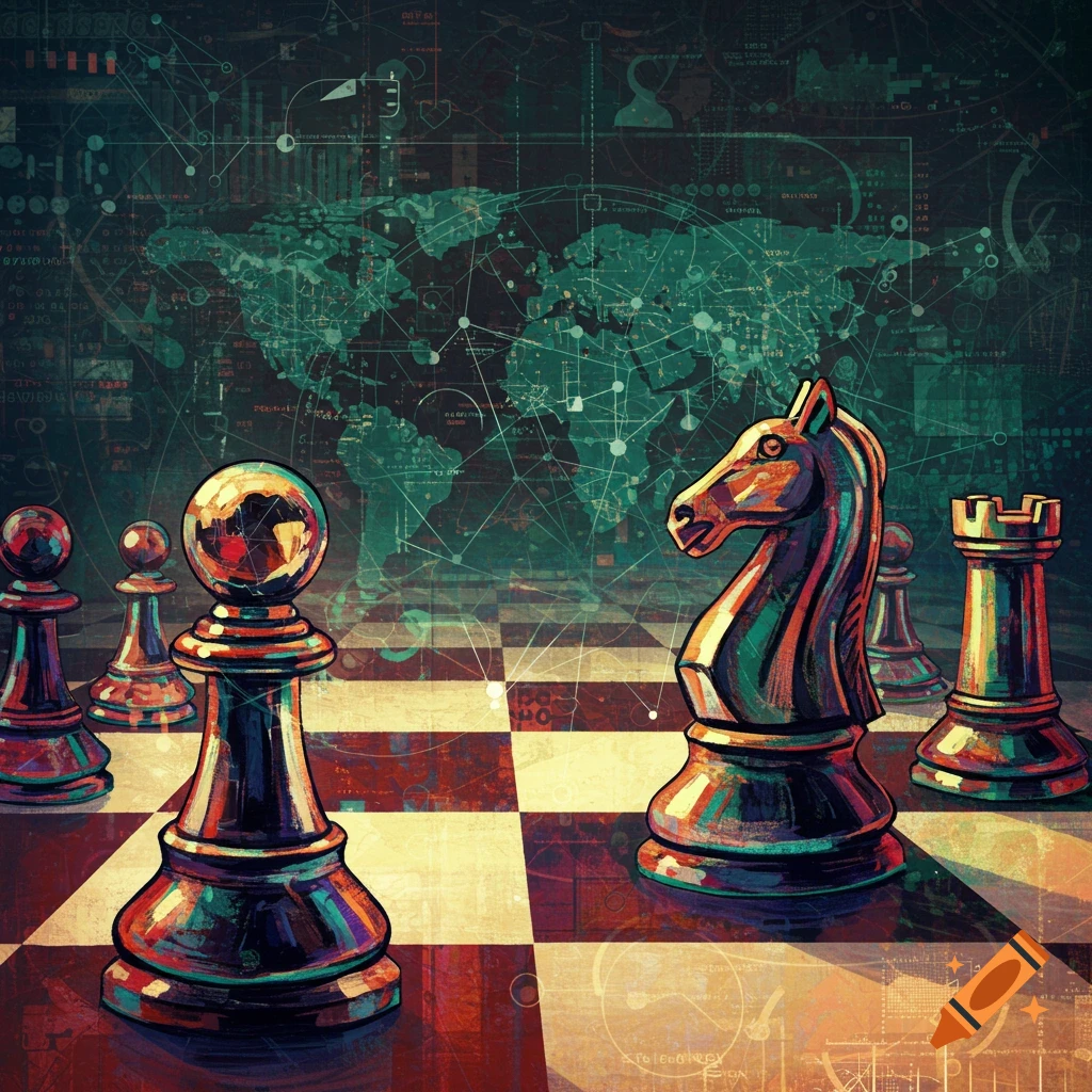 Chess pieces on a board overlaying a world map and data graphics.