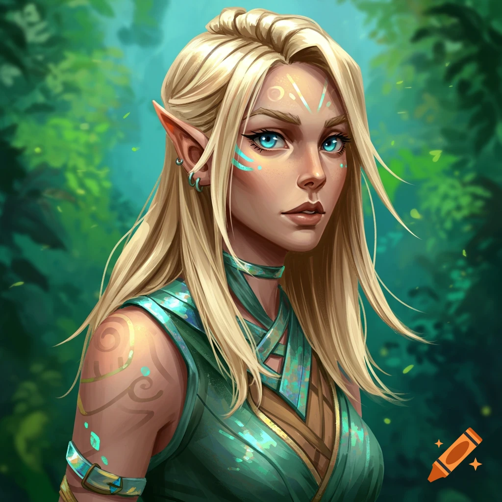 A young woman with blonde hair, blue eyes, and pointy ears in a forest setting.
