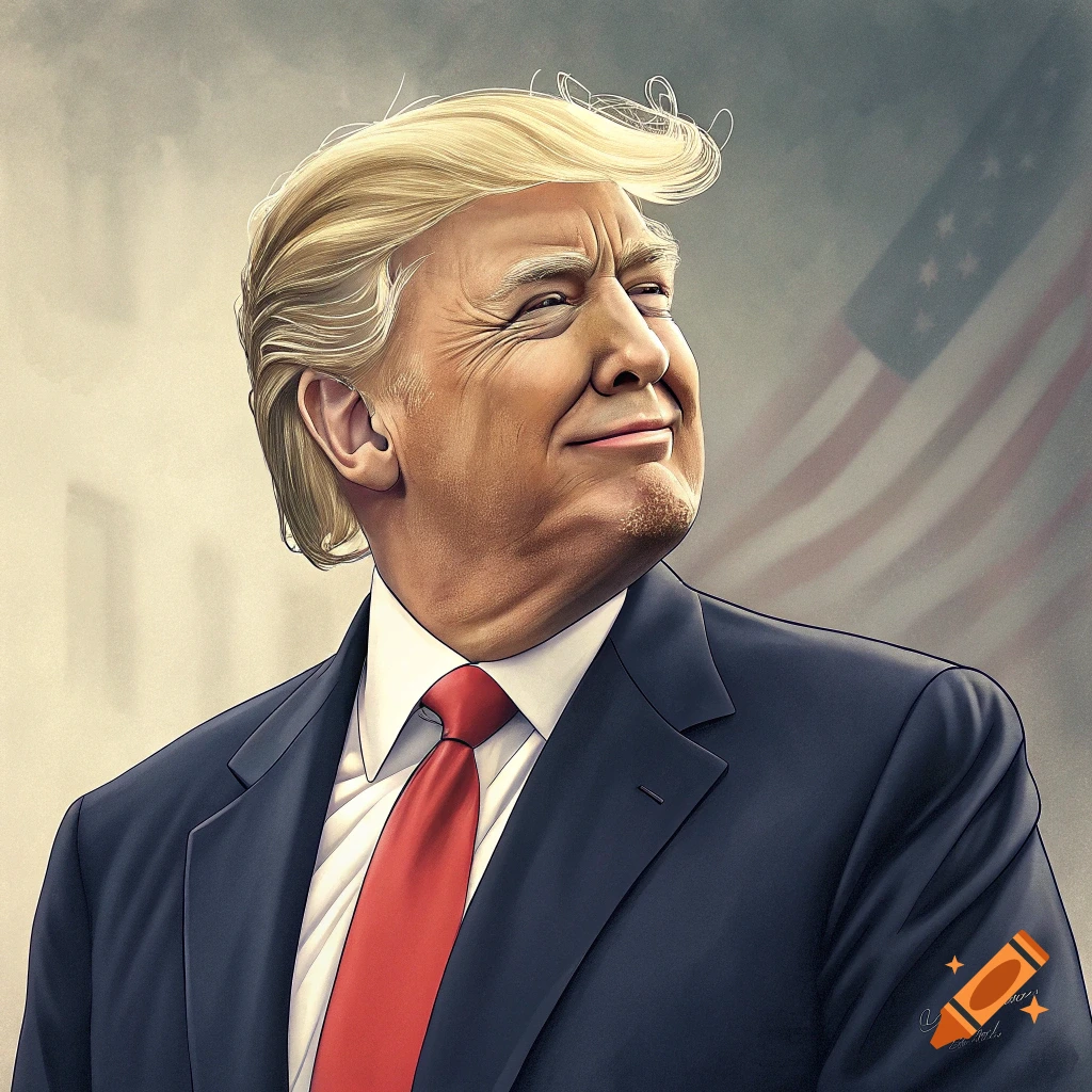 Caricature portrait of Donald Trump smiling with an American flag in background