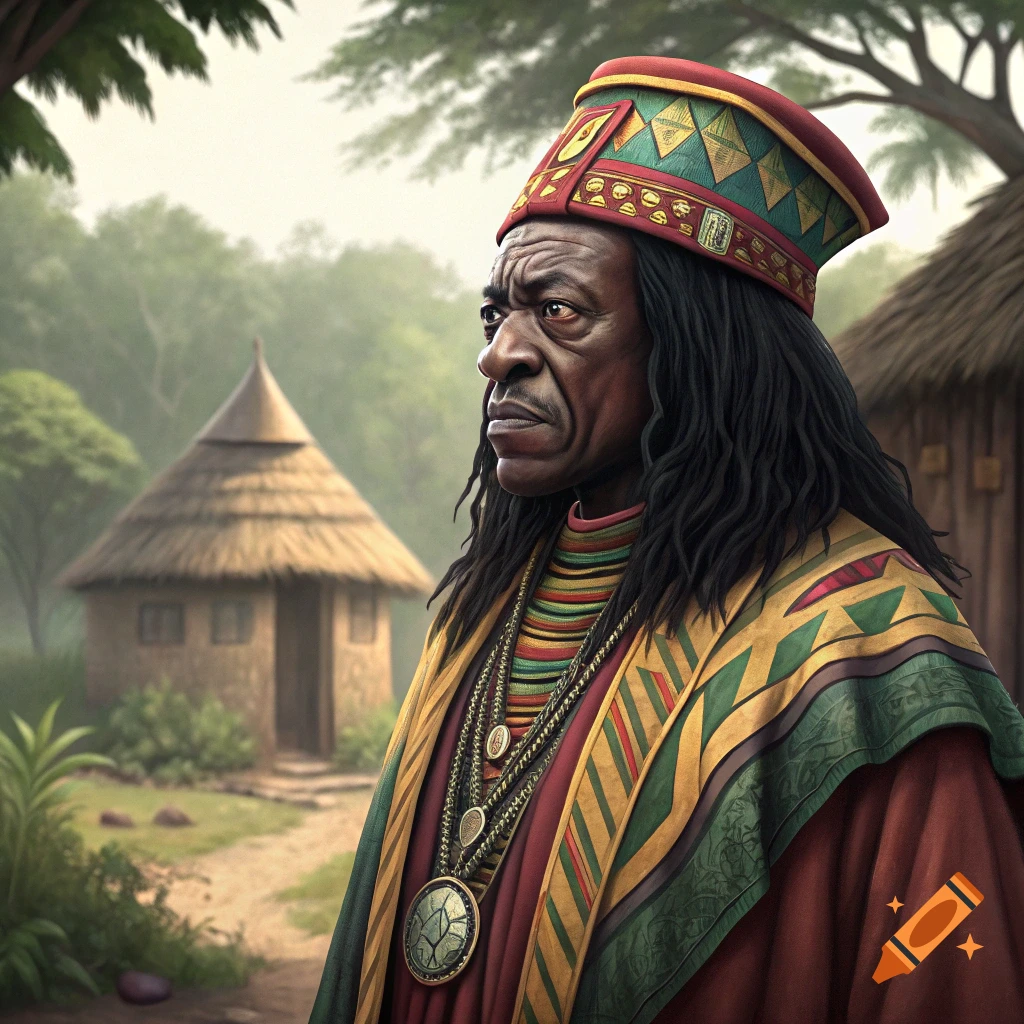 Portrait of an older man in traditional clothing and elaborate hat, outdoors with huts in the background.