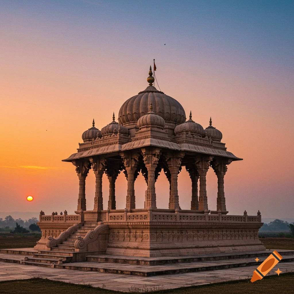 An elaborate stone structure resembling a Hindu temple or samadhi monument stands against a vibrant sunset sky.