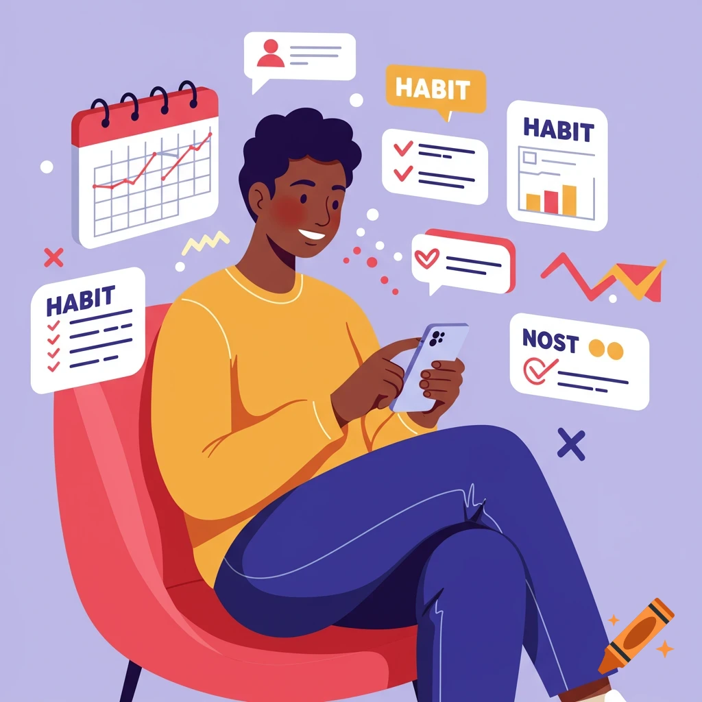 Digital illustration of a person tracking habits on a phone, surrounded by icons and charts.
