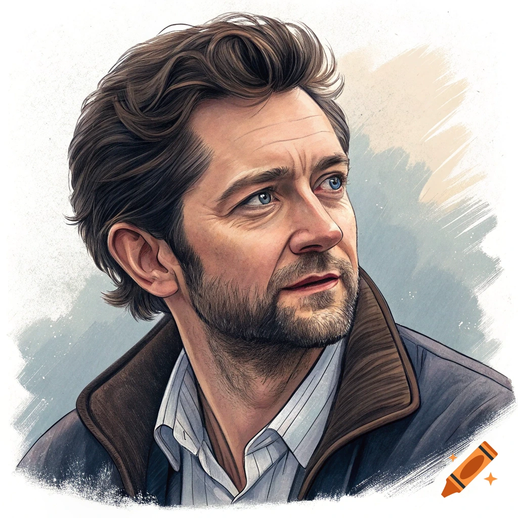 Watercolor style portrait of a man with a beard looking away