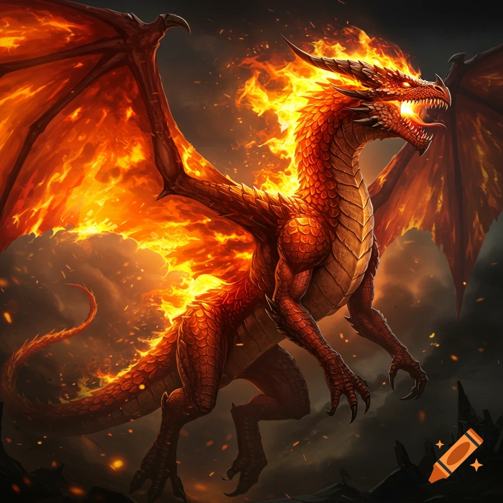 A red dragon covered in fire, flying through stormy clouds.
