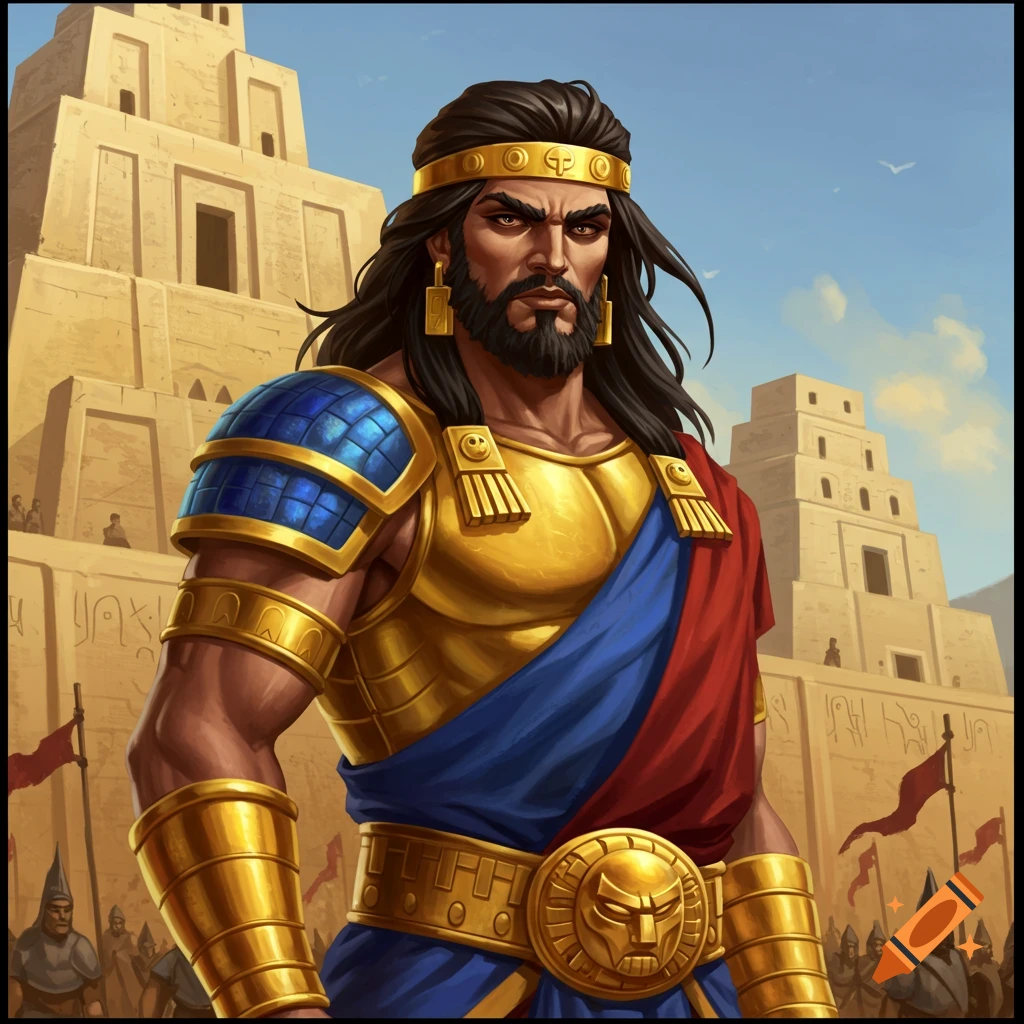 A powerful warrior figure in golden armor and crown stands before ancient ziggurat-like buildings.
