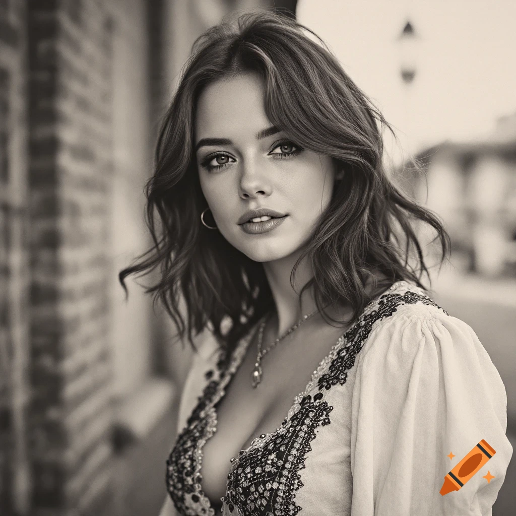 Black and white portrait of a woman with wavy hair wearing an embroidered dress