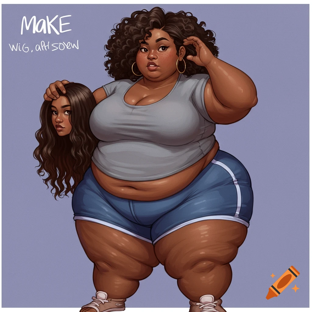 Illustration of a plus-size Black woman in a gray shirt and blue shorts holding a severed head with a wig.