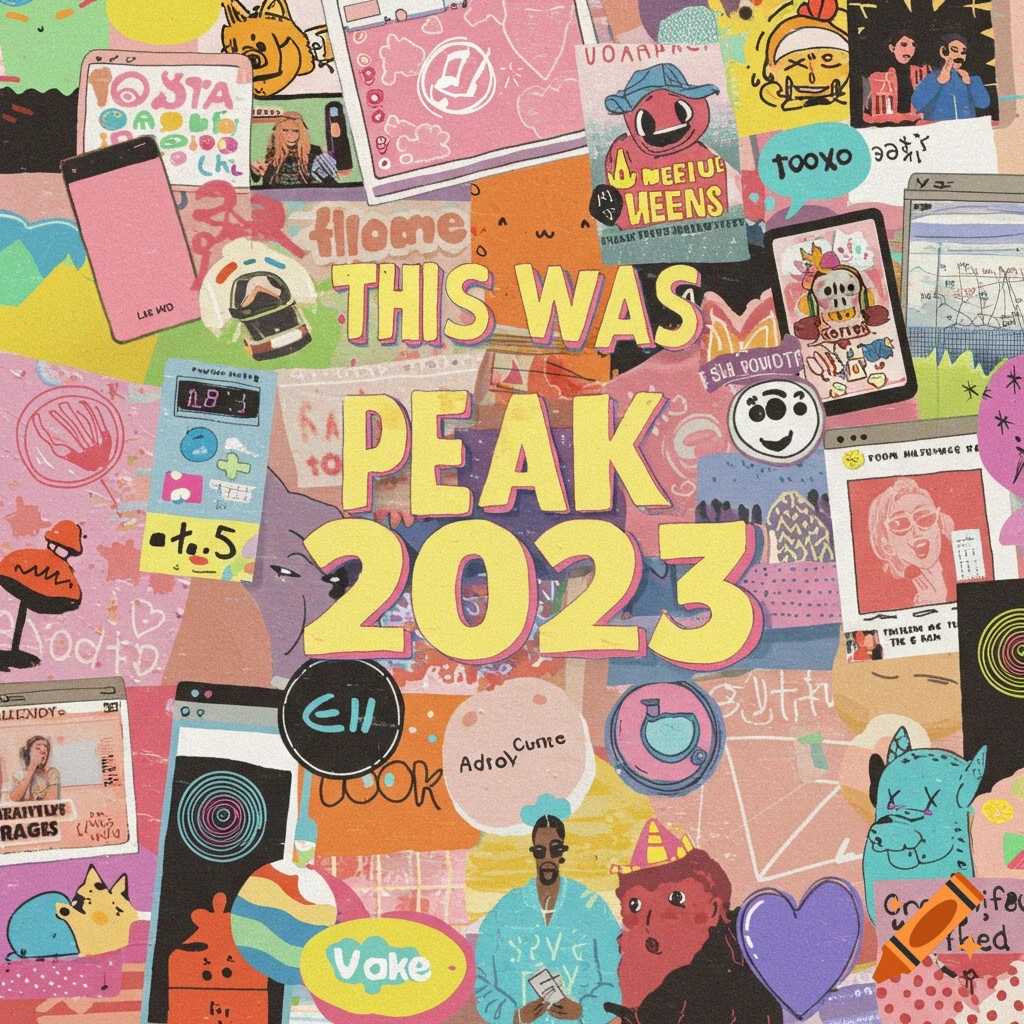 A busy digital collage illustration with the text 'THIS WAS PEAK 2023'.