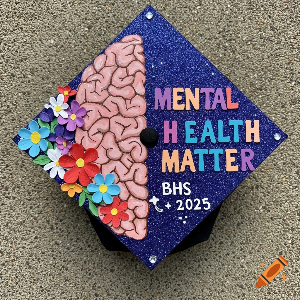 Decorated graduation cap with half brain, half flowers, and text 'Mental Health Matter BHS 2025'.