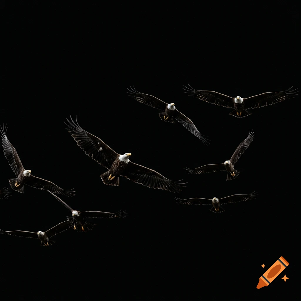 A flock of bald eagles flying against a black background.