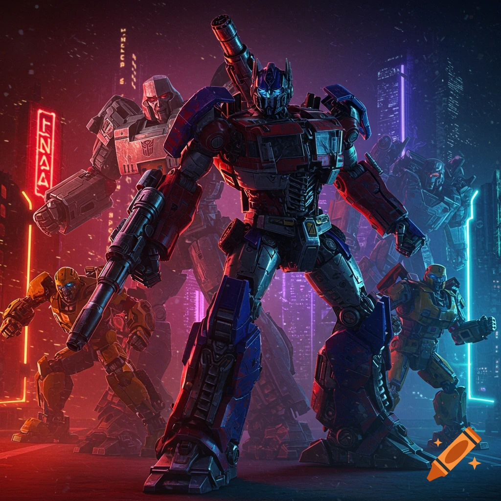 Optimus Prime, Megatron, and other Transformers robots stand in a neon-lit futuristic city street.