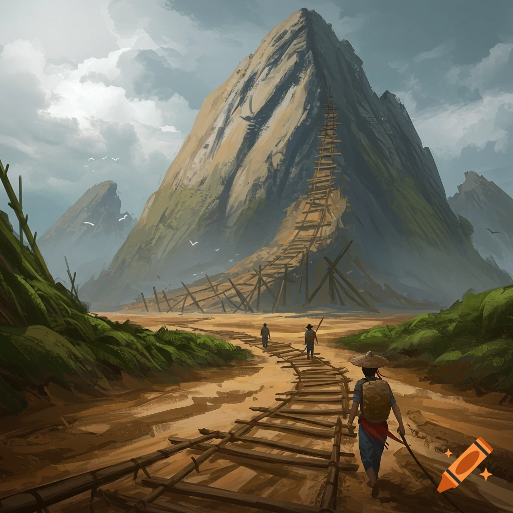 People walking toward a large mountain with a wooden path built up its side