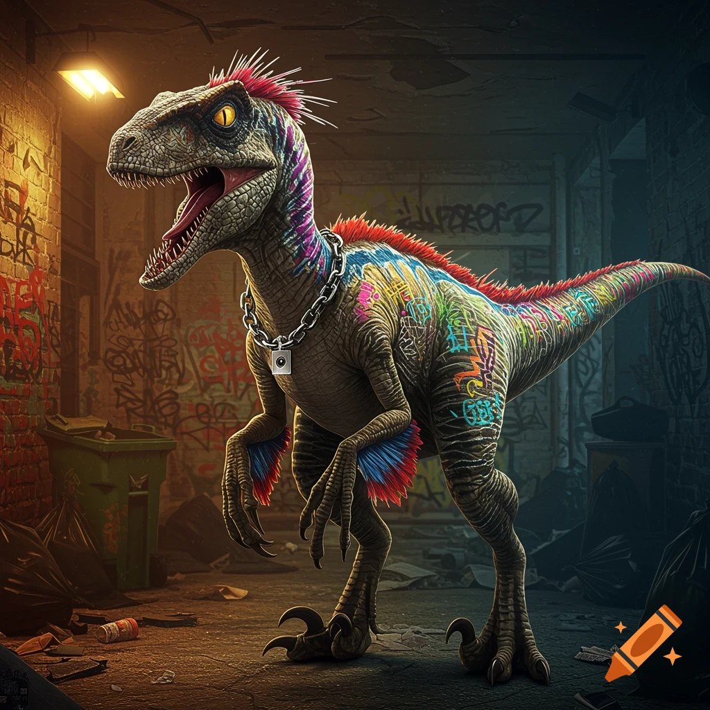 A raptor dinosaur with street art markings and a chain stands in a graffiti alley.