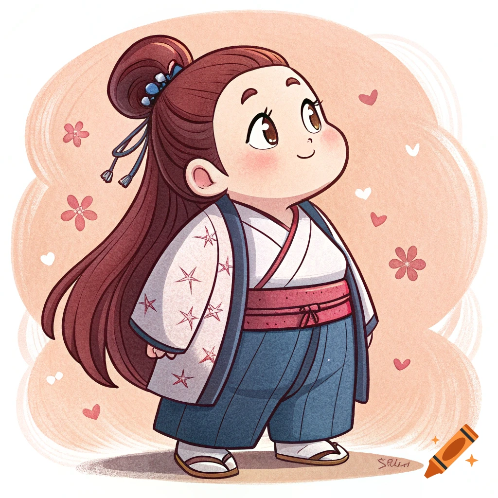 Chibi character in traditional Japanese clothing looks up with flowers and hearts in background.