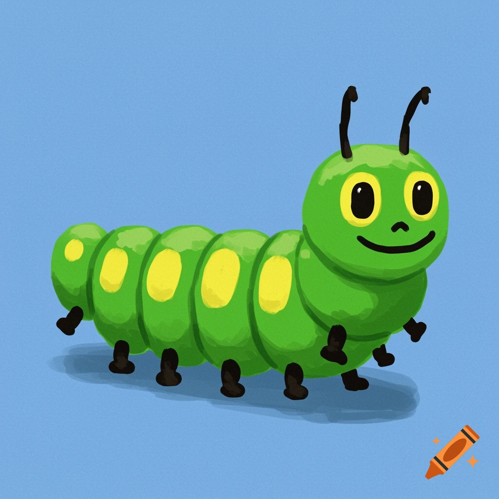 Cartoon green caterpillar with yellow spots on a blue background