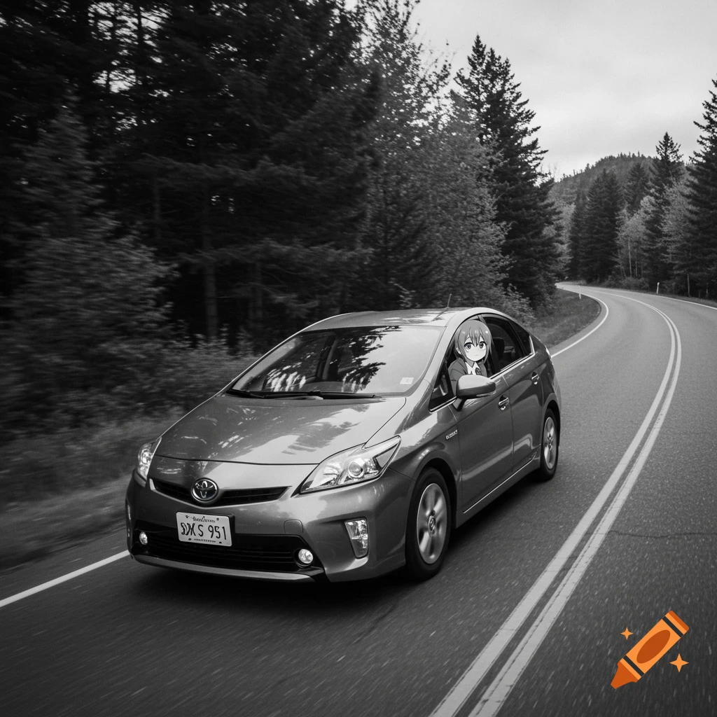 Grayscale photo of a car driving on a road with an anime girl looking out the window