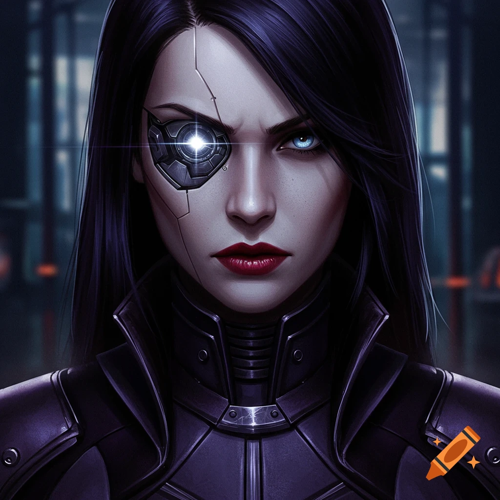 A woman with dark hair, a glowing cybernetic eye, blue eye, and dark futuristic armor.