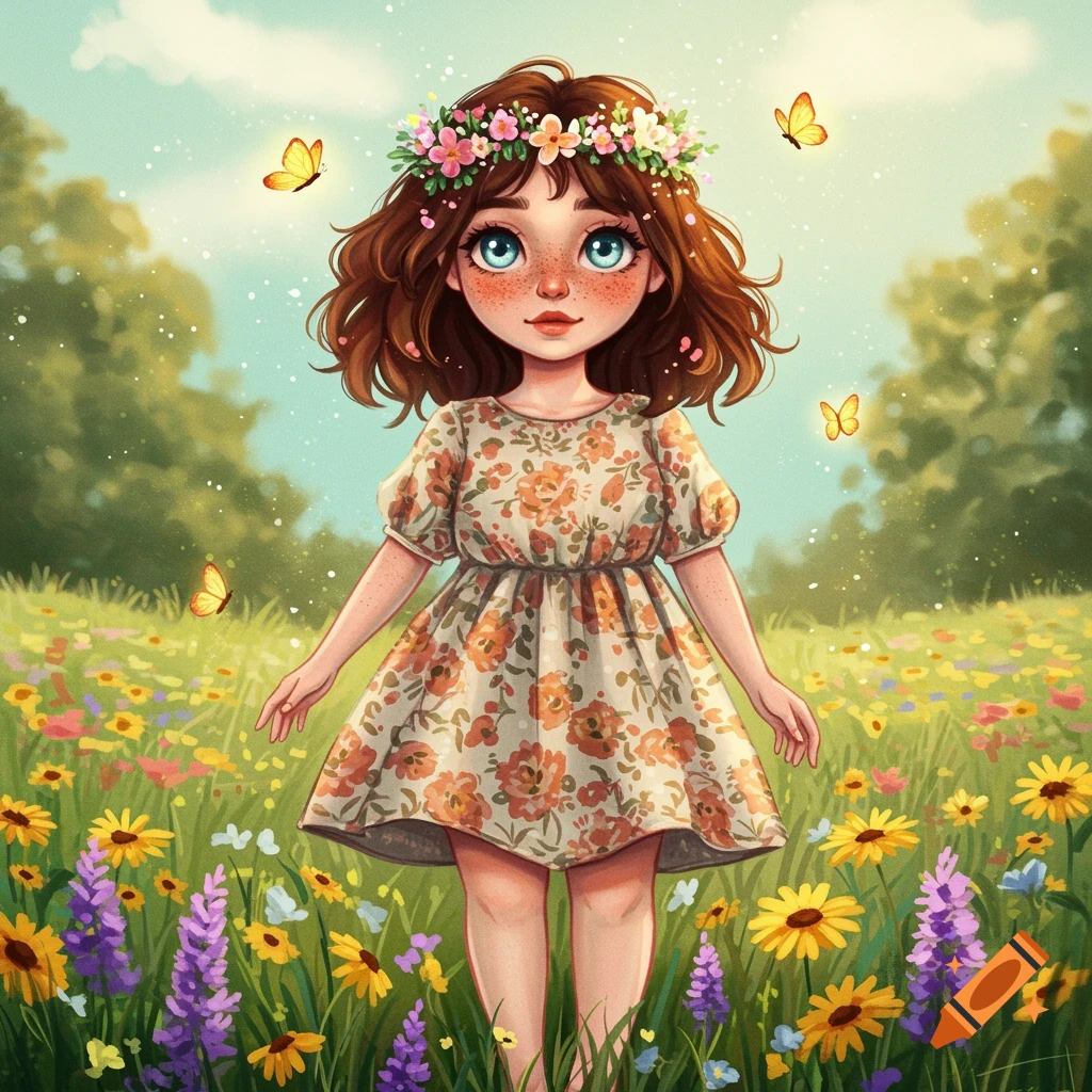 A girl with a flower crown is in a meadow with butterflies