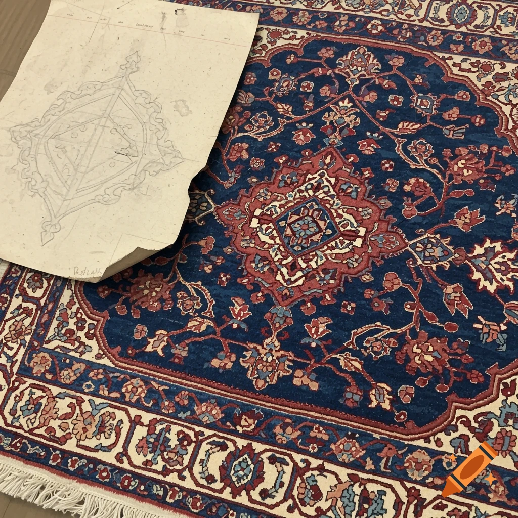Detailed red and blue rug next to a paper design sketch