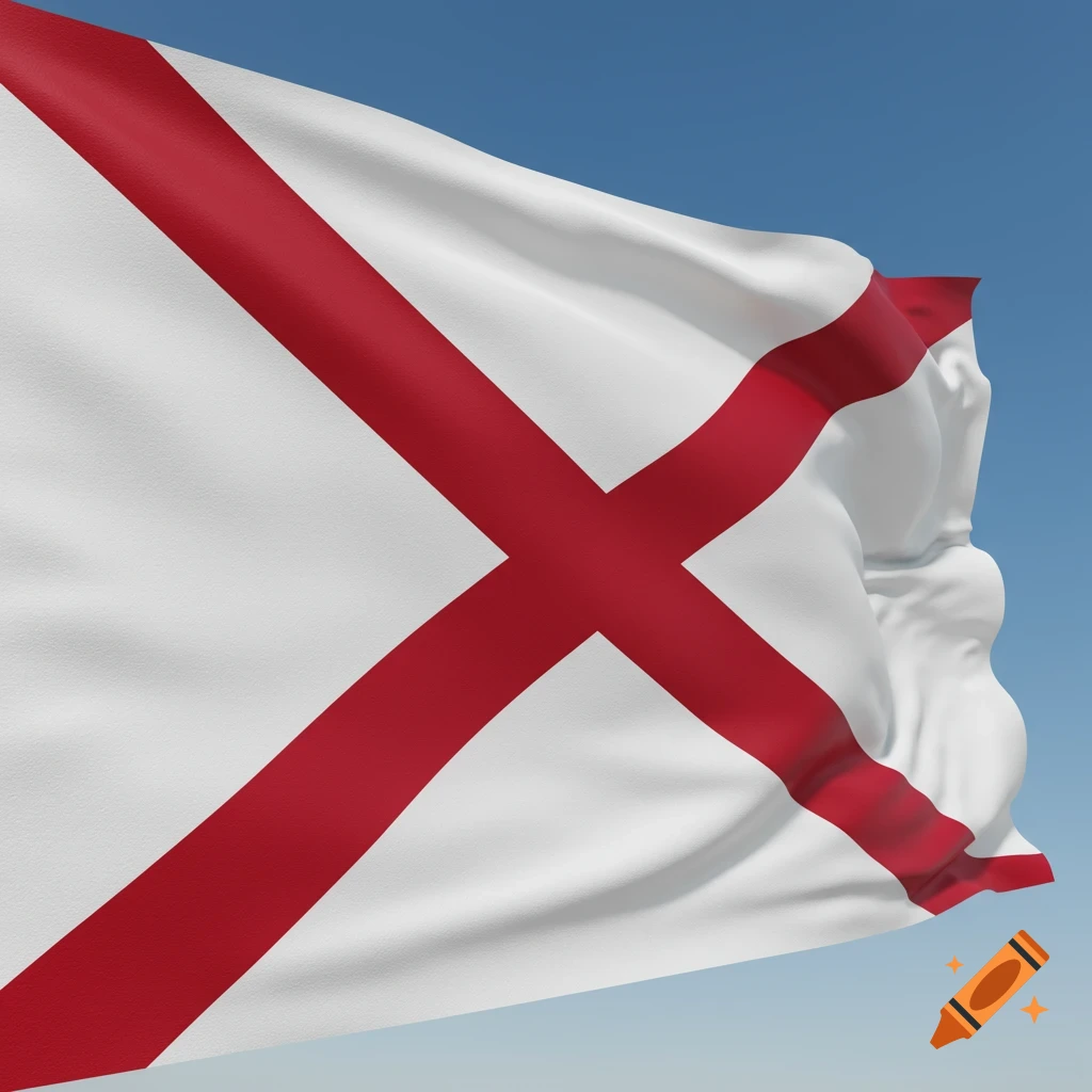 A white flag with a red diagonal cross waves against a blue sky.