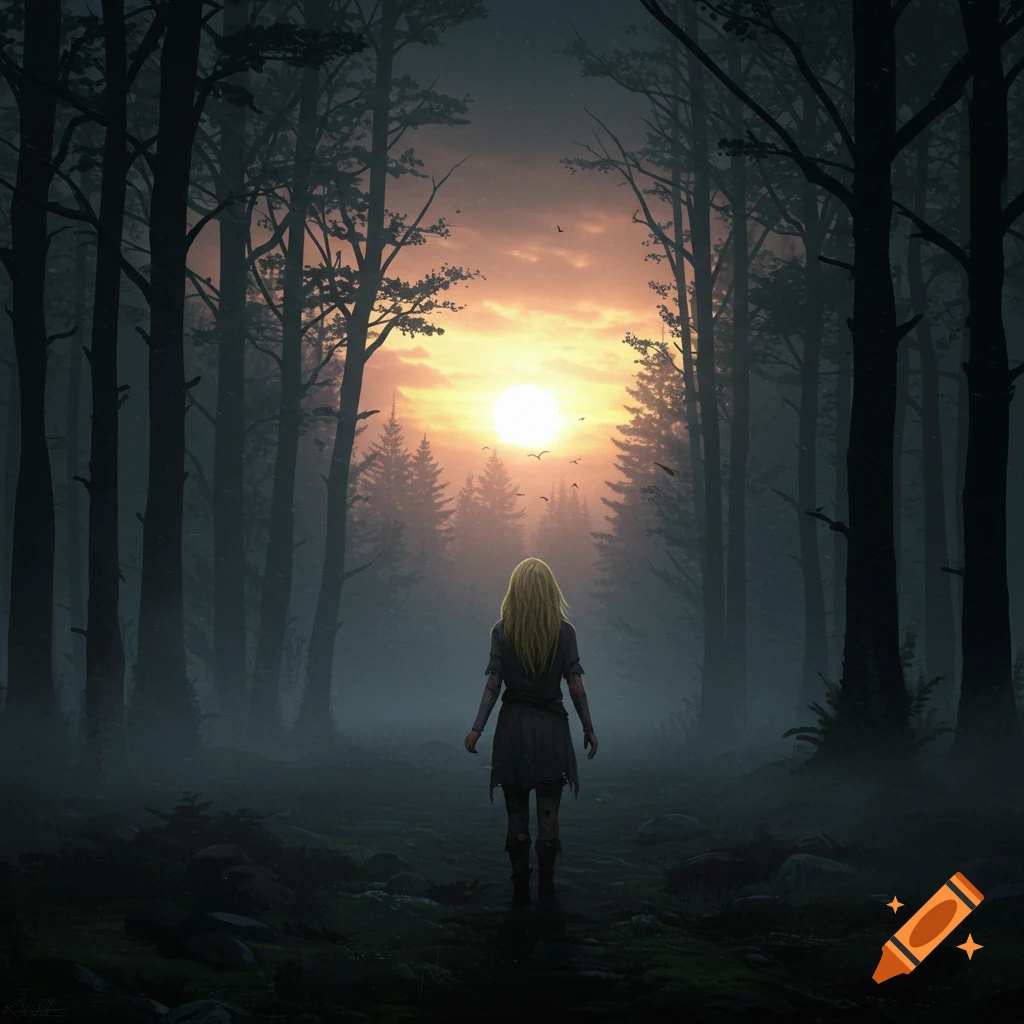 A blonde woman stands in a dark foggy forest, her gaze directed towards a sunrise.