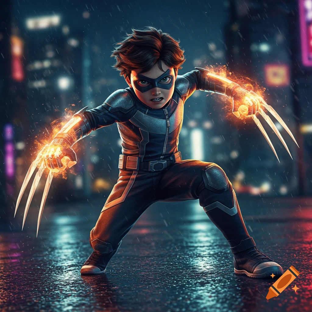 A boy superhero with sharp claws radiating fire in a dramatic action pose in a rainy urban setting.
