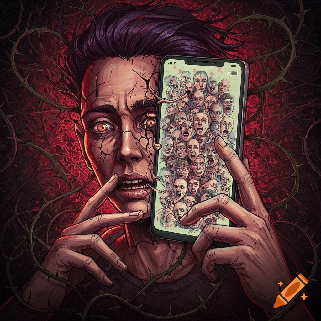 Stylized illustration of a person with cracked skin holding a phone displaying distorted faces, surrounded by thorns.