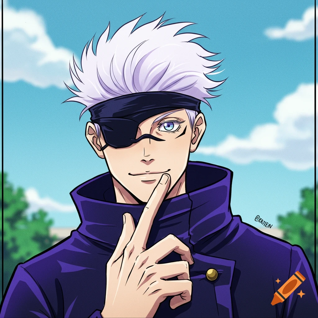 Anime illustration of a man with white hair, an eyepatch, and a dark purple jacket, holding a finger to his lip.